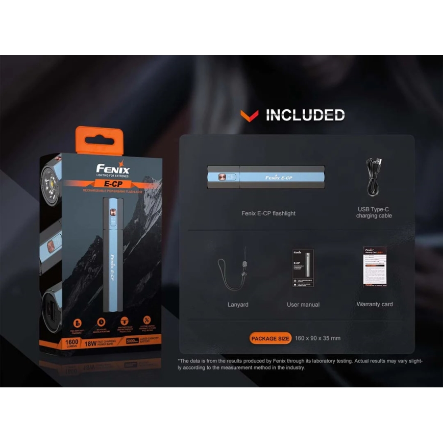 Fenix ECPBLCK - LED pakraunamas žibintuvėlis su maitinimo banku USB IP68 1600 blizgus 504 h 5000 mAh juoda