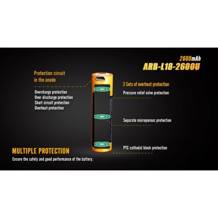 Fenix FE18650LI26USB - 1 vnt. Įkraunama baterija USB / 3,6 V 2600 mAh