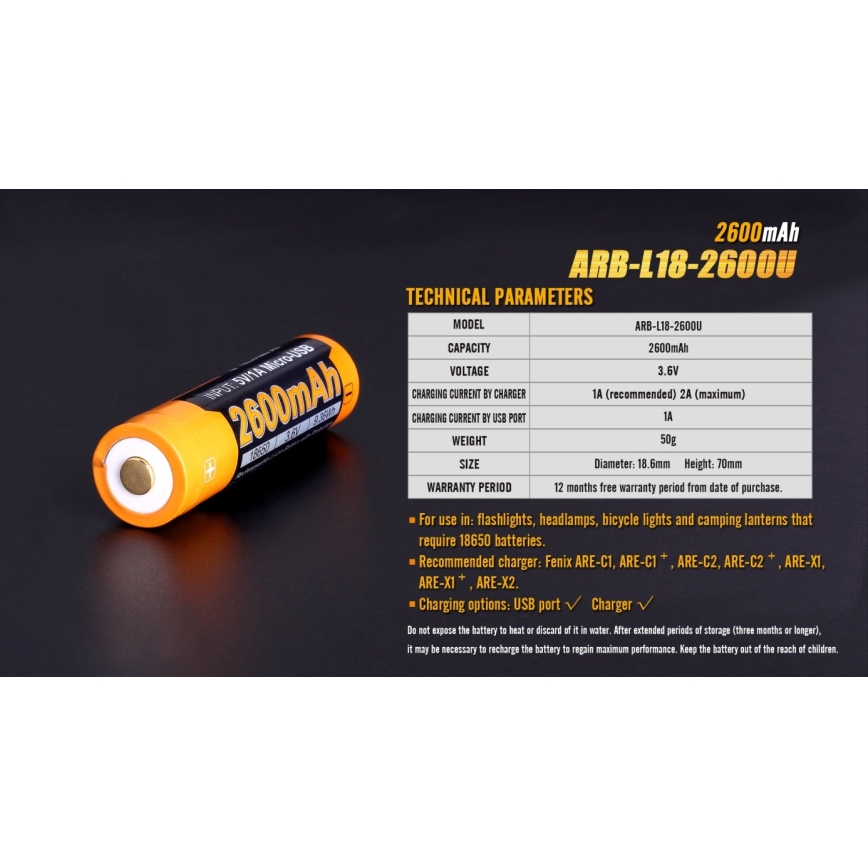 Fenix FE18650LI26USB - 1 vnt. Įkraunama baterija USB / 3,6 V 2600 mAh