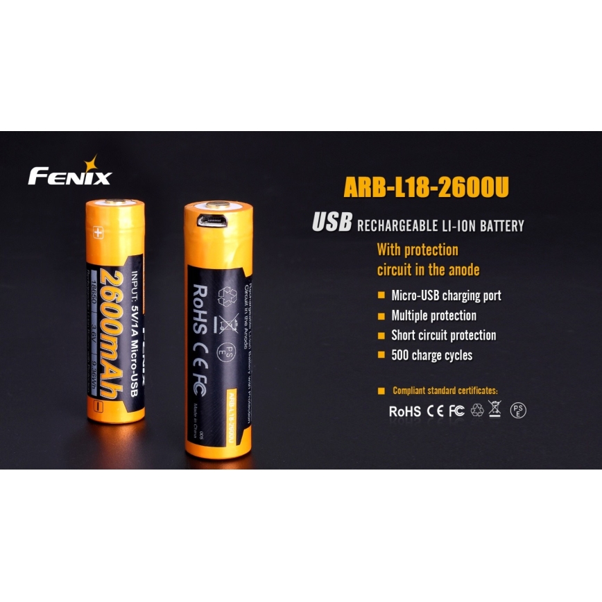 Fenix FE18650LI26USB - 1 vnt. Įkraunama baterija USB / 3,6 V 2600 mAh