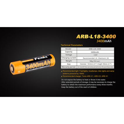 Fenix FE18650LI34 - 1 vnt. Įkraunamas ličio jonų akumuliatorius 18650/3,6V 3400 mAh