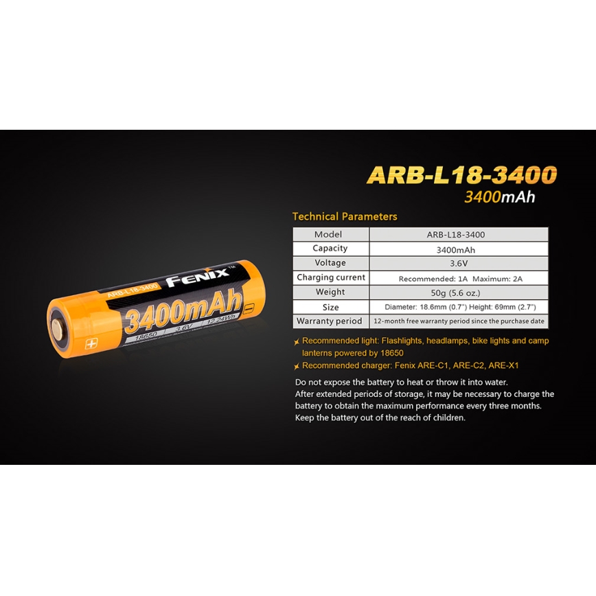 Fenix FE18650LI34 - 1 vnt. Įkraunamas ličio jonų akumuliatorius 18650/3,6V 3400 mAh