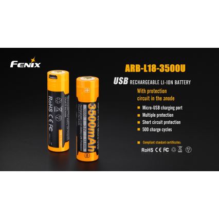 Fenix FE18650LI35USB - 1 vnt. Įkraunama ličio jonų baterija su USB / 3,6 V, 3500 mAh