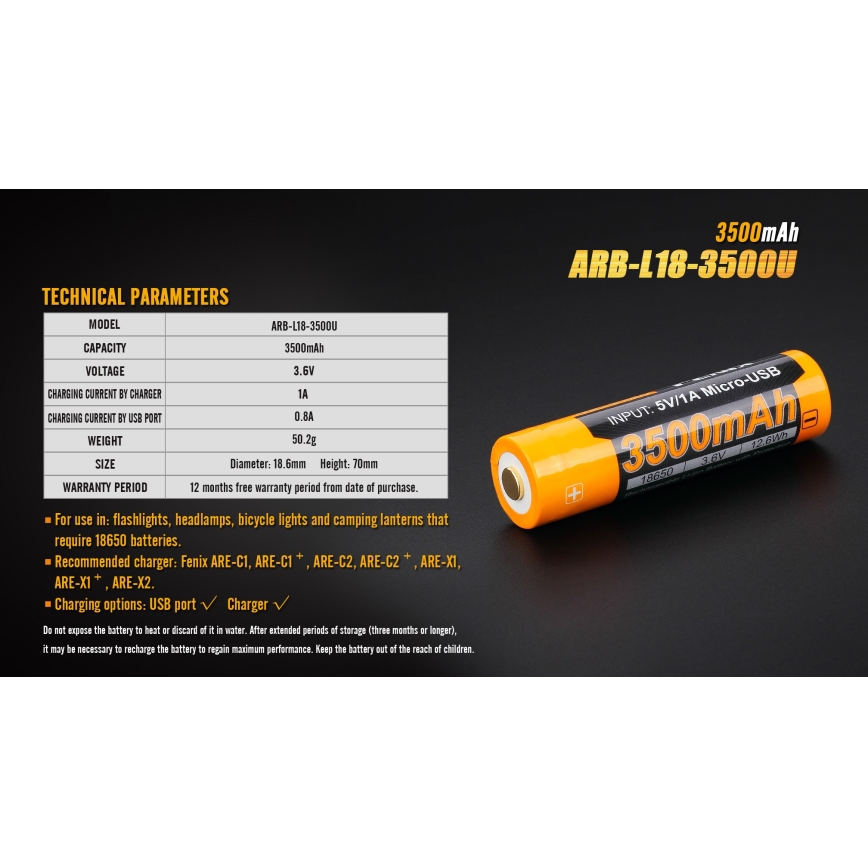 Fenix FE18650LI35USB - 1 vnt. Įkraunama ličio jonų baterija su USB / 3,6 V, 3500 mAh