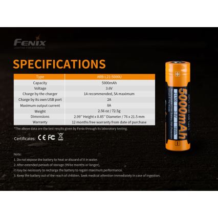 Fenix FE21700USB - 1 vnt. USB įkraunama baterija, 3,6 V, 5000 mAh