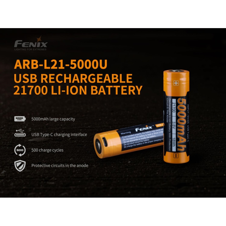 Fenix FE21700USB - 1vnt įkraunama baterija USB/3,6V 5000 mAh