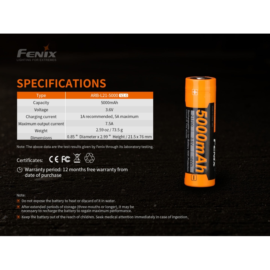 Fenix FE21700V20 - Įkraunamas 21700 akumuliatorius, 3,6 V, 5000 mAh, 1 vnt.
