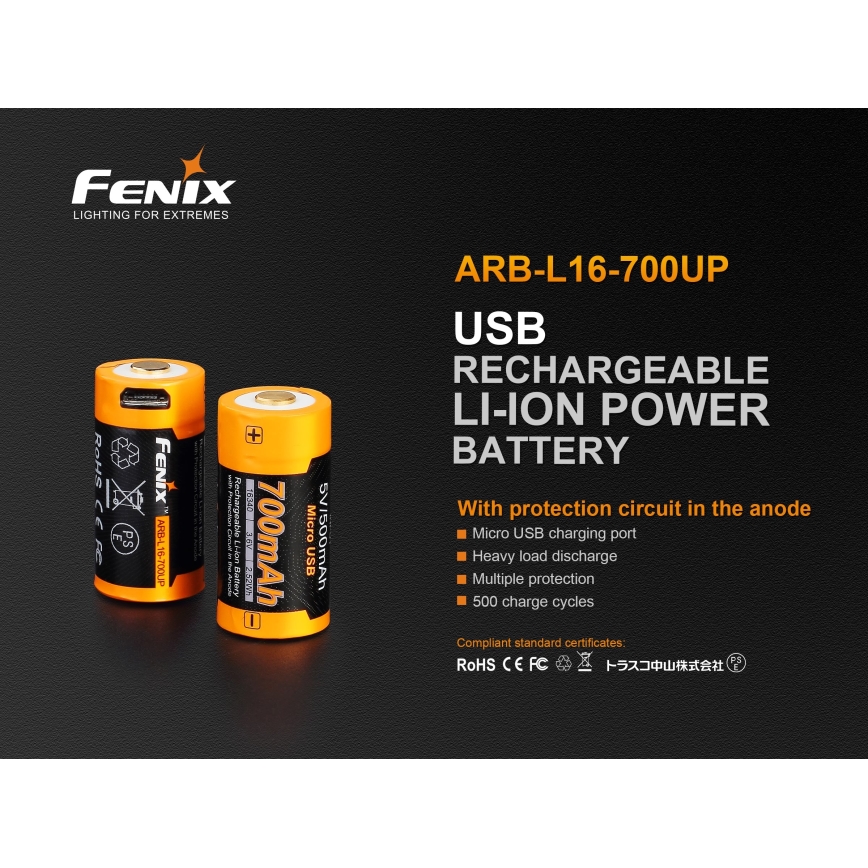 Fenix FERCR123ALIIONUP - 1 vnt. Įkraunama ličio jonų baterija su USB įkrovimu, 3,6 V, 700 mAh