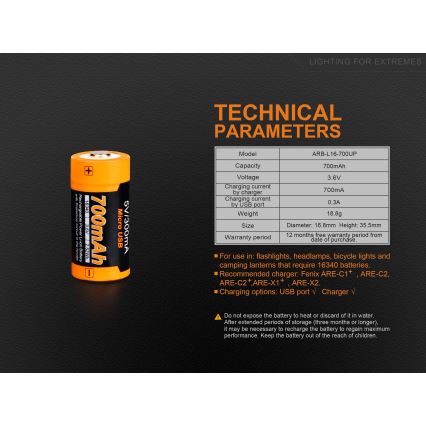 Fenix FERCR123ALIIONUP - 1 vnt. Įkraunama ličio jonų baterija su USB įkrovimu, 3,6 V, 700 mAh