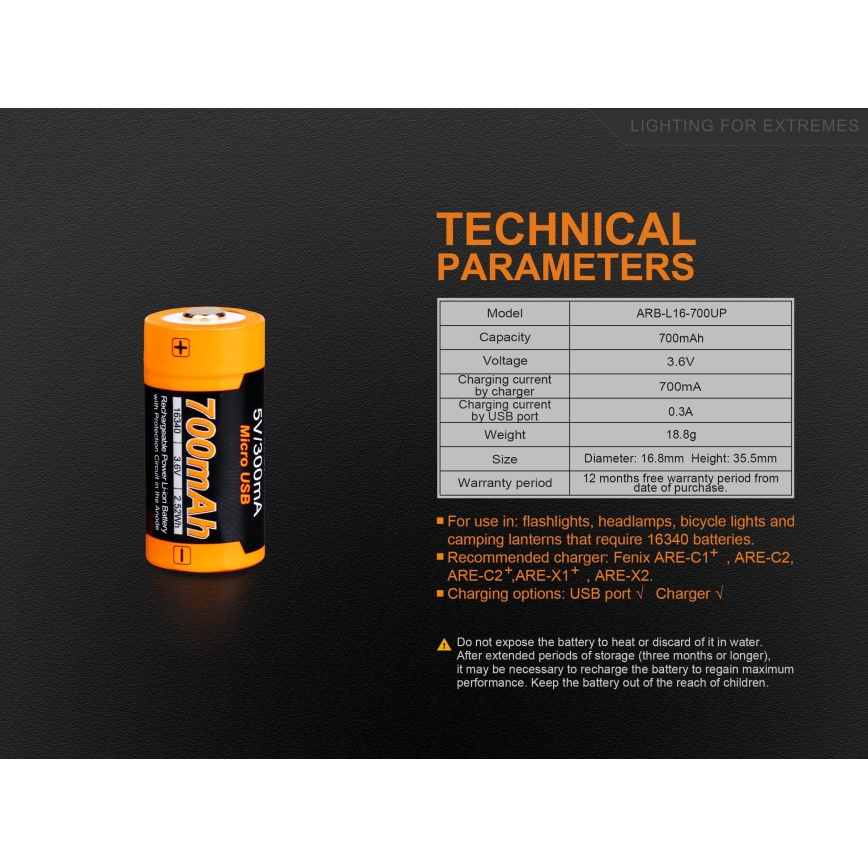 Fenix FERCR123ALIIONUP - 1 vnt. Įkraunama ličio jonų baterija su USB įkrovimu, 3,6 V, 700 mAh