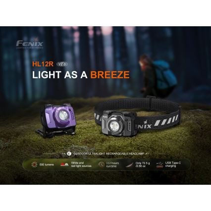 Fenix HL12RV20BLC - LED reguliuojamo ryškumo įkraunama galvos lempa LED/USB 950 mAh IP66 500 lm 112 h juoda