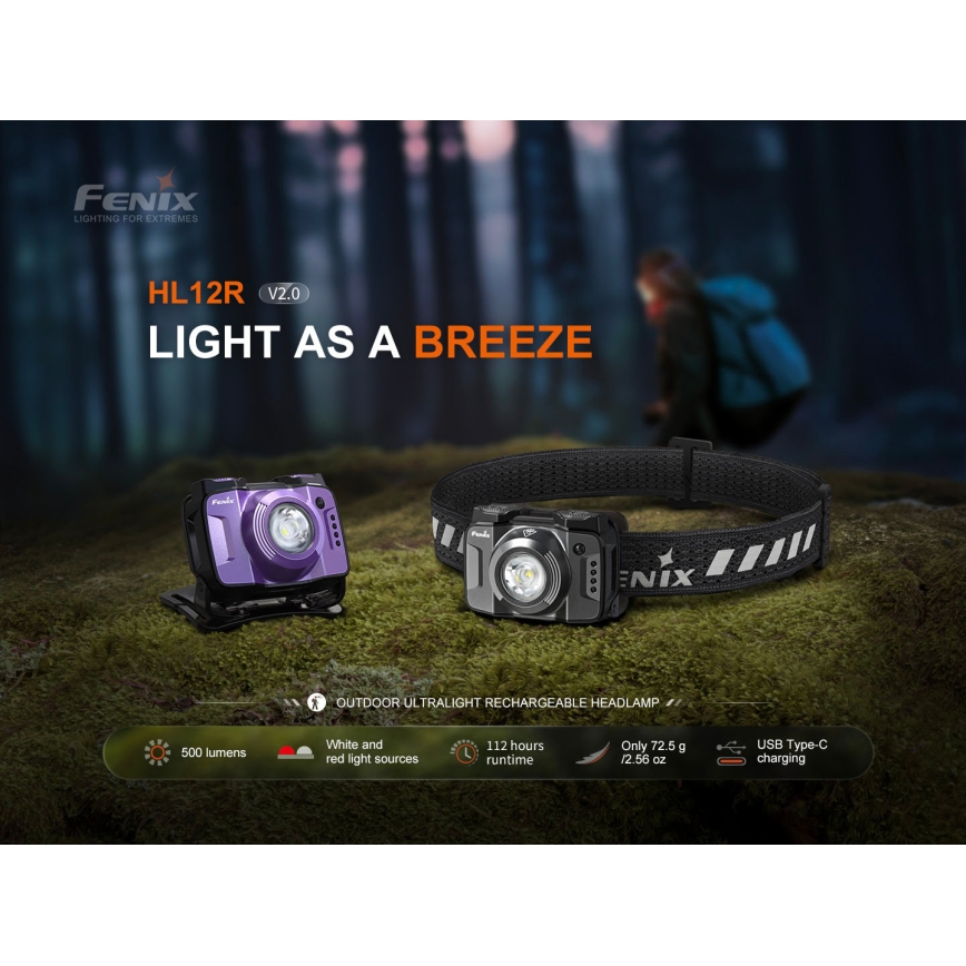 Fenix HL12RV20BLC - LED reguliuojamo ryškumo įkraunama galvos lempa LED/USB 950 mAh IP66 500 lm 112 h juoda