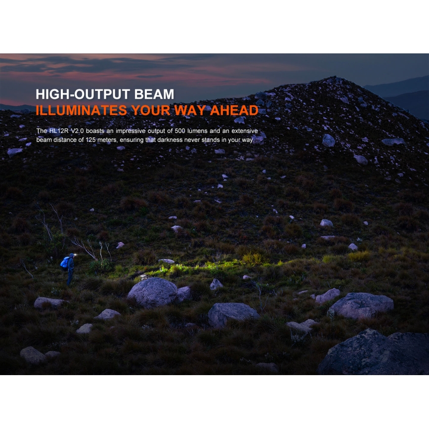 Fenix HL12RV20BLC - LED reguliuojamo ryškumo įkraunama galvos lempa LED/USB 950 mAh IP66 500 lm 112 h juoda