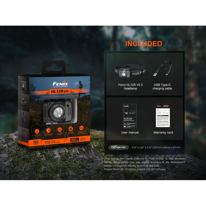 Fenix HL12RV20BLC - LED reguliuojamo ryškumo įkraunama galvos lempa LED/USB 950 mAh IP66 500 lm 112 h juoda