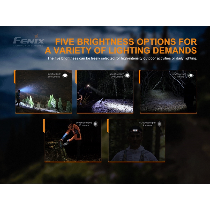 Fenix HL18RTRAIL - LED Pakraunamas galvos žibintuvėlis LED/3xAAA IP66 500 lm 300 valandų