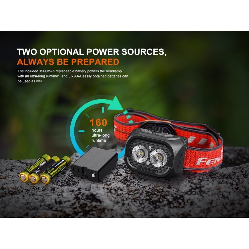 Fenix HL18RTV20BLC - LED Pritemdomas įkraunamas galvos žibintas LED/USB/3xAAA IP66 800 lm 160 h 1900 mAh juoda/oranžinė