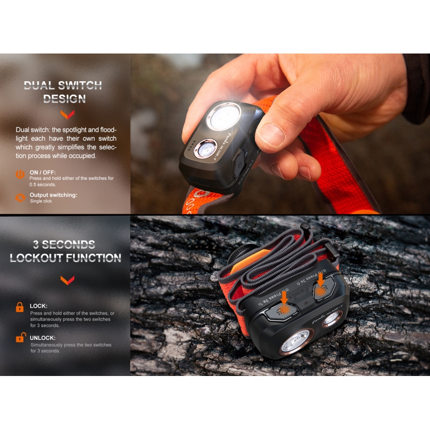 Fenix HL32RTBLCK - LED pakraunamas žibintuvėlis ant galvos LED/USB/3xAAA IP66 800 blizgus 300 h 1900 mAh juoda/oranžinė
