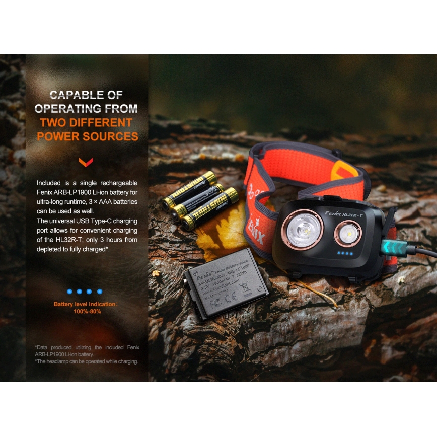 Fenix HL32RTRED - LED pakraunamas žibintuvėlis ant galvos LED/USB/3xAAA IP66 800 lm 300 h raudona/oranžinė