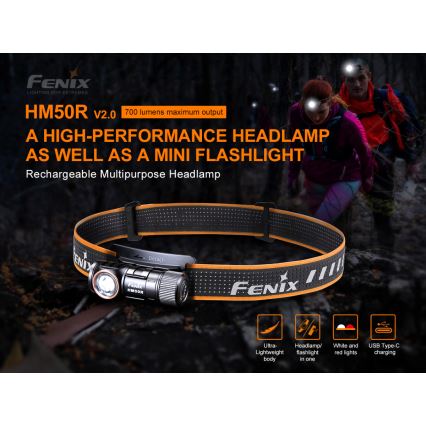 Fenix HM50RV20 - LED pakraunamas žibintuvėlis ant galvos 3xLED/USB/1xCR123A IP68 700 blizgus 120 h 700 mAh