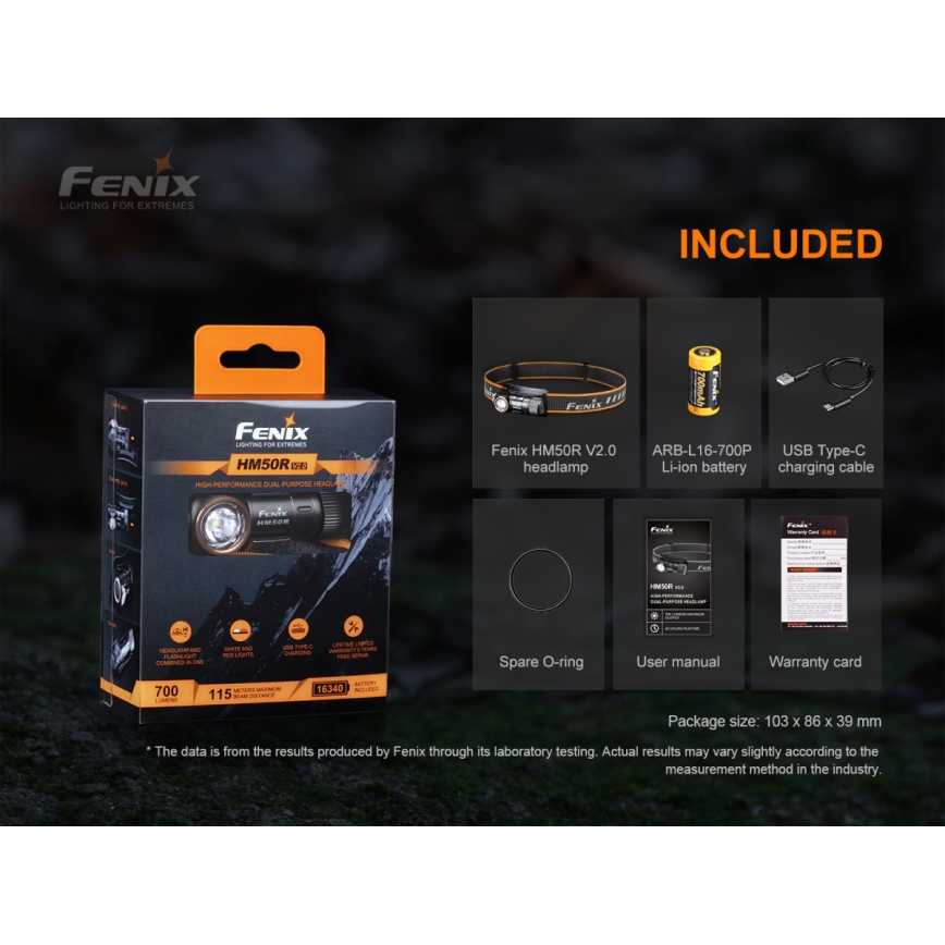 Fenix HM50RV20 - LED pakraunamas žibintuvėlis ant galvos 3xLED/USB/1xCR123A IP68 700 blizgus 120 h 700 mAh
