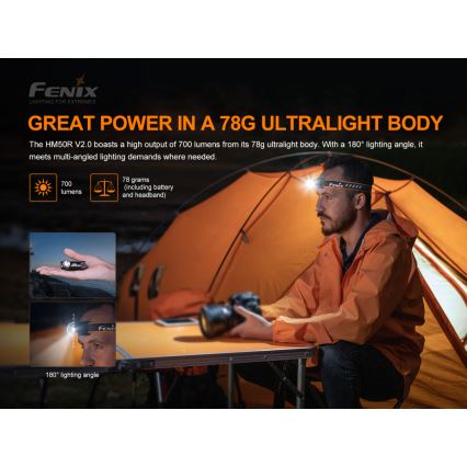 Fenix HM50RV20 - LED pakraunamas žibintuvėlis ant galvos 3xLED/USB/1xCR123A IP68 700 blizgus 120 h 700 mAh
