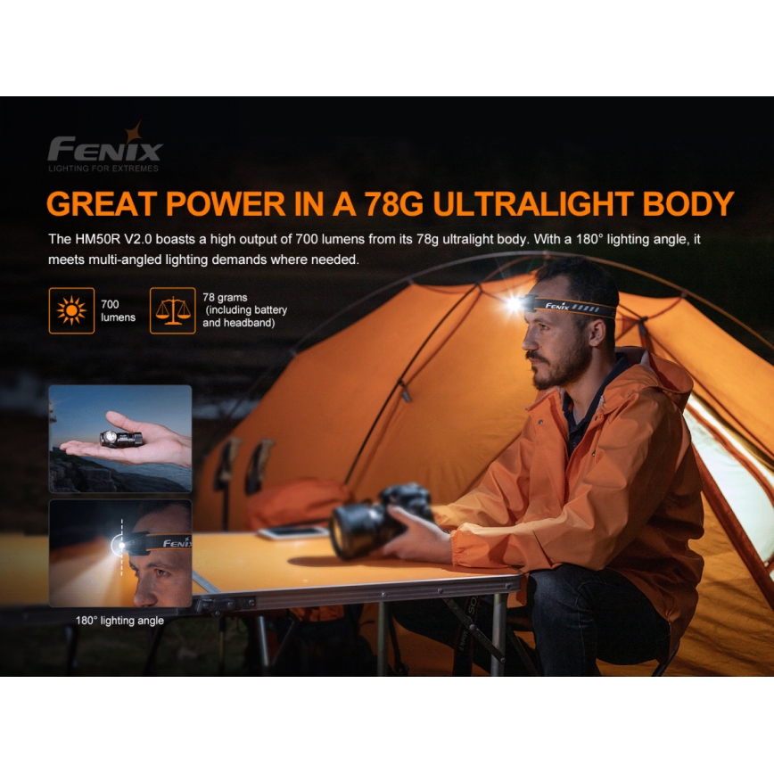 Fenix HM50RV20 - LED pakraunamas žibintuvėlis ant galvos 3xLED/USB/1xCR123A IP68 700 blizgus 120 h 700 mAh
