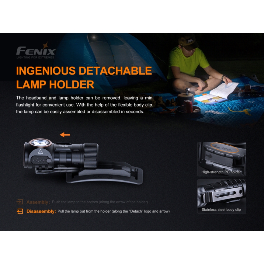 Fenix HM50RV20 - LED pakraunamas žibintuvėlis ant galvos 3xLED/USB/1xCR123A IP68 700 blizgus 120 h 700 mAh