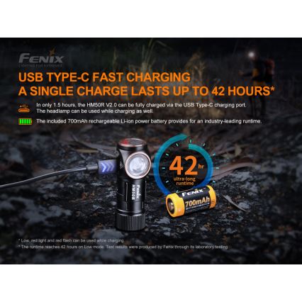Fenix HM50RV20 - LED pakraunamas žibintuvėlis ant galvos 3xLED/USB/1xCR123A IP68 700 blizgus 120 h 700 mAh