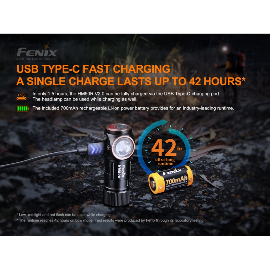 Fenix HM50RV20 - LED pakraunamas žibintuvėlis ant galvos 3xLED/USB/1xCR123A IP68 700 blizgus 120 h 700 mAh
