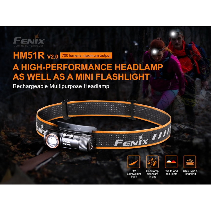 Fenix HM51RV20 - LED pakraunamas žibintuvėlis ant galvos 3xLED/1xCR123A/USB IP68 700 blizgus 120 h 700 m