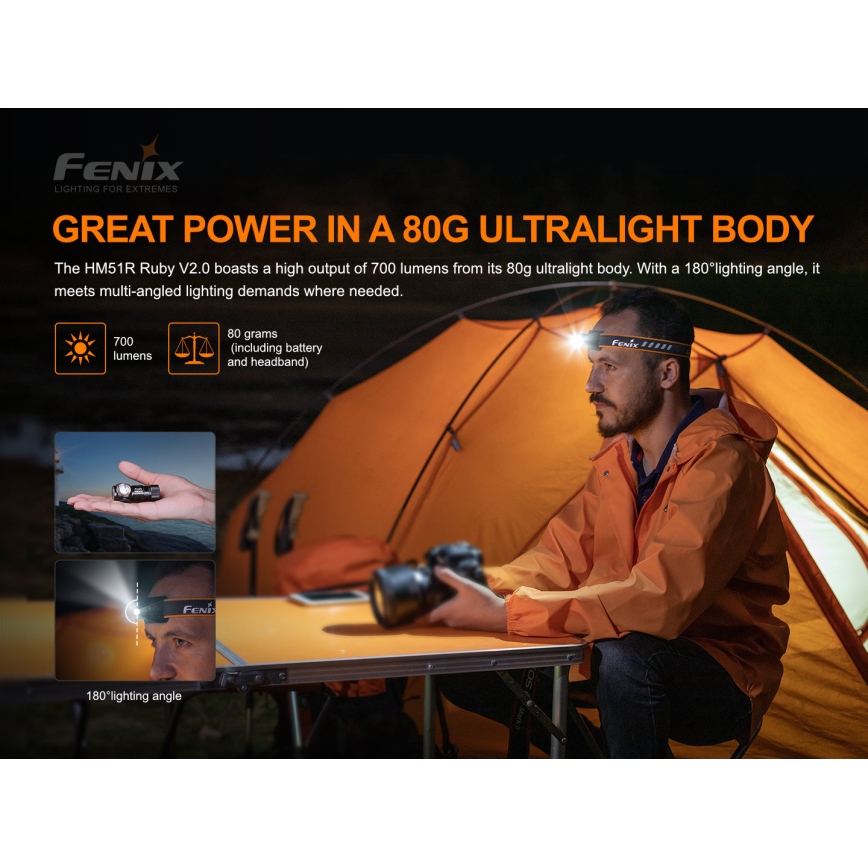 Fenix HM51RV20 - LED pakraunamas žibintuvėlis ant galvos 3xLED/1xCR123A/USB IP68 700 blizgus 120 h 700 m