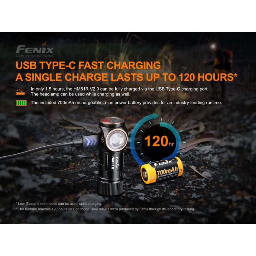 Fenix HM51RV20 - LED pakraunamas žibintuvėlis ant galvos 3xLED/1xCR123A/USB IP68 700 blizgus 120 h 700 m
