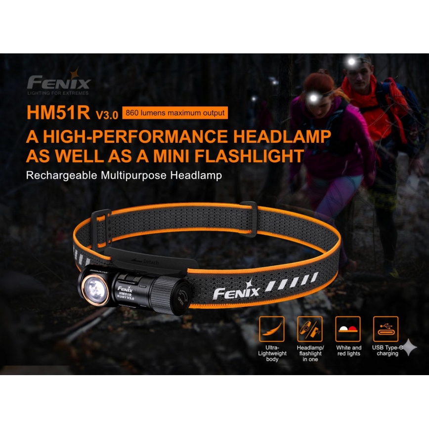 Fenix HM51RV30 - LED reguliuojamo ryškumo įkraunamas galvos žibintas LED/USB/1xCR123A 950 mAh IP68 860 lm 125 h oranžinė