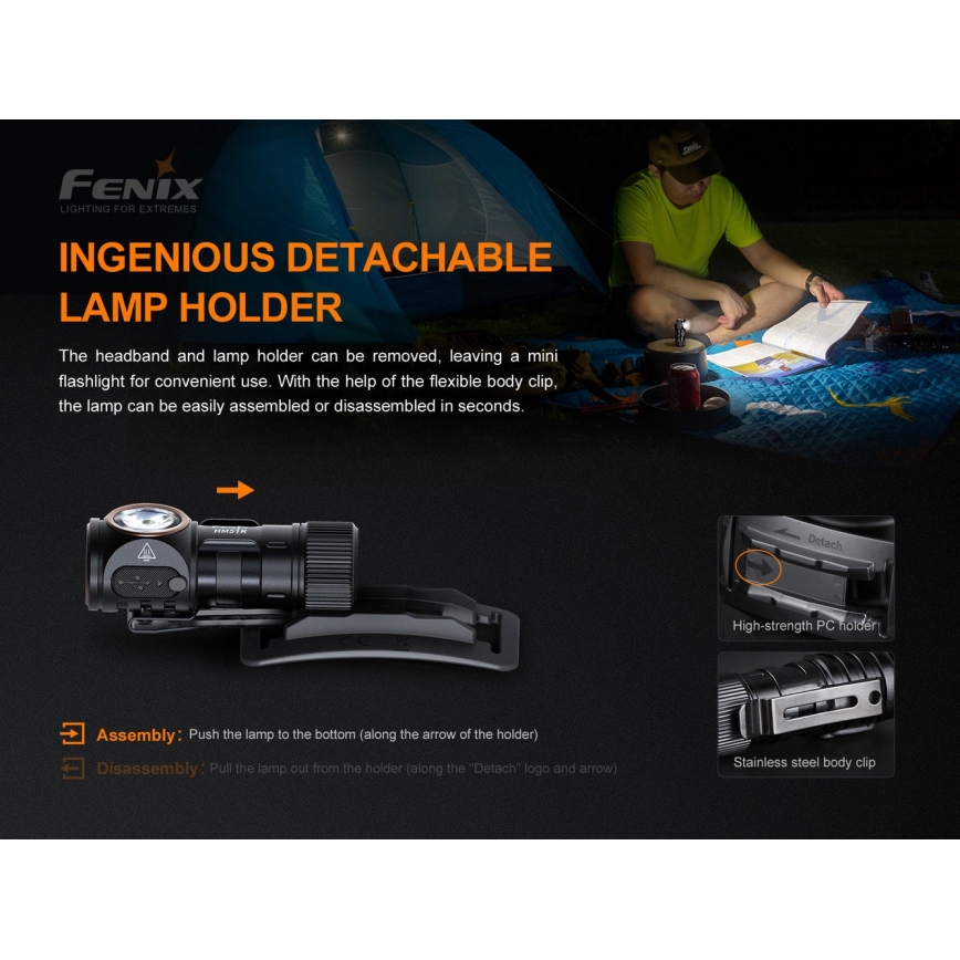 Fenix HM51RV30 - LED reguliuojamo ryškumo įkraunamas galvos žibintas LED/USB/1xCR123A 950 mAh IP68 860 lm 125 h oranžinė
