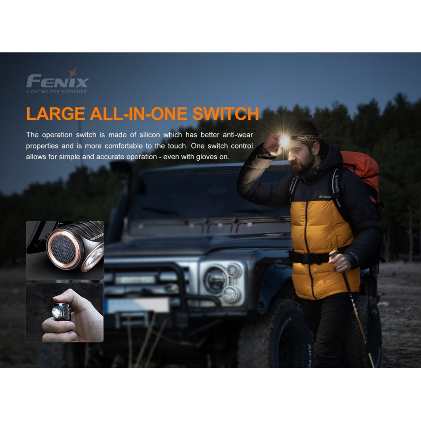 Fenix HM51RV30 - LED reguliuojamo ryškumo įkraunamas galvos žibintas LED/USB/1xCR123A 950 mAh IP68 860 lm 125 h oranžinė