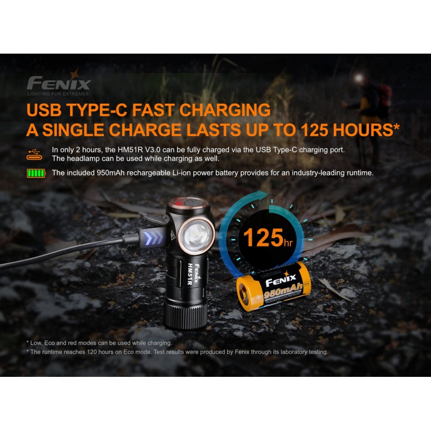 Fenix HM51RV30 - LED reguliuojamo ryškumo įkraunamas galvos žibintas LED/USB/1xCR123A 950 mAh IP68 860 lm 125 h oranžinė