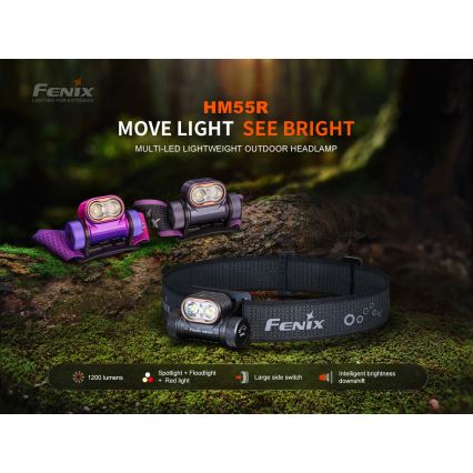 Fenix HM55RABL - LED įkraunamas galvos žibintas su reguliuojamu ryškumu LED/USB/1xCR123A 1600 mAh IP68 1200 lm 141,2 h juodas