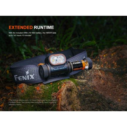 Fenix HM55RABL - LED įkraunamas galvos žibintas su reguliuojamu ryškumu LED/USB/1xCR123A 1600 mAh IP68 1200 lm 141,2 h juodas