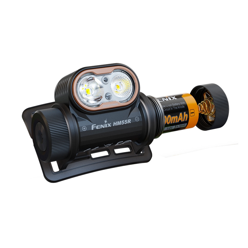 Fenix HM55RABL - LED įkraunamas galvos žibintas su reguliuojamu ryškumu LED/USB/1xCR123A 1600 mAh IP68 1200 lm 141,2 h juodas