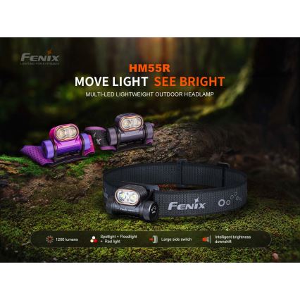 Fenix HM55RPRP - įkraunamas LED galvos žibintas su reguliuojamu ryškumu LED/USB/1xCR123A 1600 mAh IP68 1200 lm 141,2 h violetinė/juoda