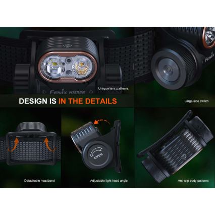 Fenix HM55RPRP - įkraunamas LED galvos žibintas su reguliuojamu ryškumu LED/USB/1xCR123A 1600 mAh IP68 1200 lm 141,2 h violetinė/juoda