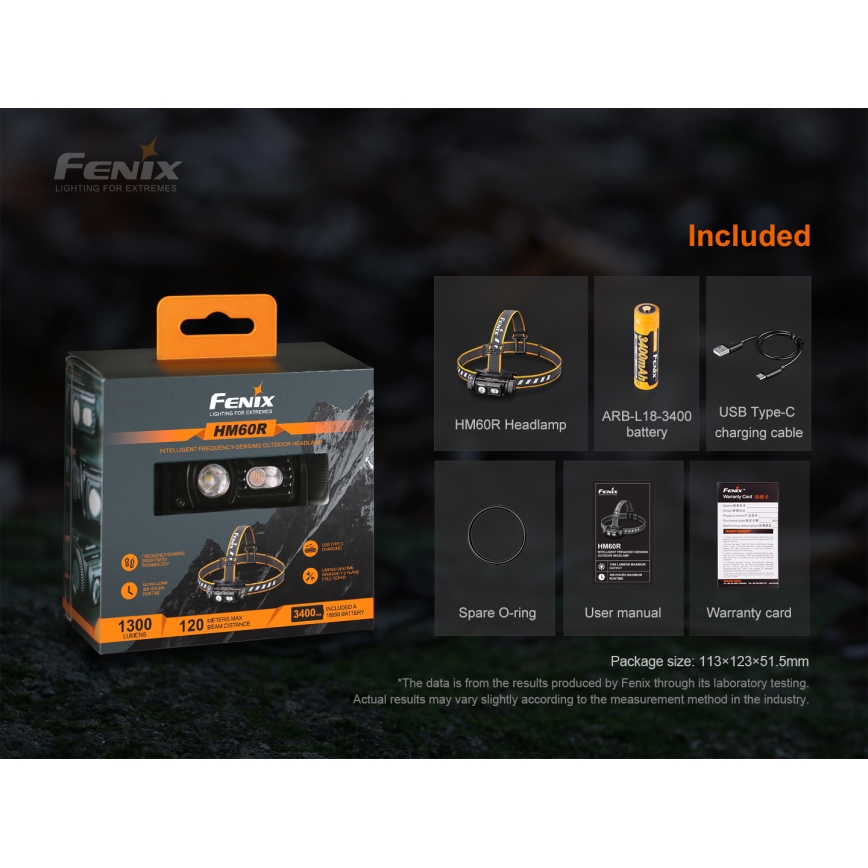 Fenix HM60R - LED Pritemdomas įkraunamas galvos žibintas 4xLED/USB/2xCR123A IP68 1300 blizgus 300 h 3400 mAh