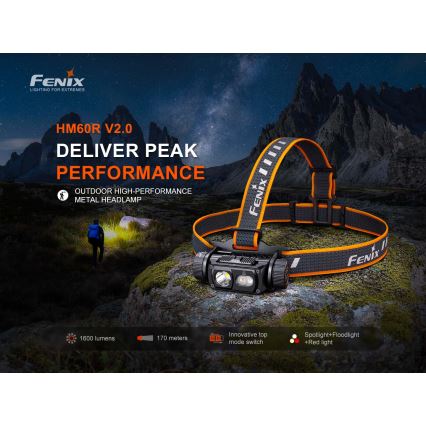 Fenix HM60RV20 - LED reguliuojamo ryškumo įkraunamas galvos žibintas LED/USB 4000 mAh IP68 1600 lm 292 val. oranžinis