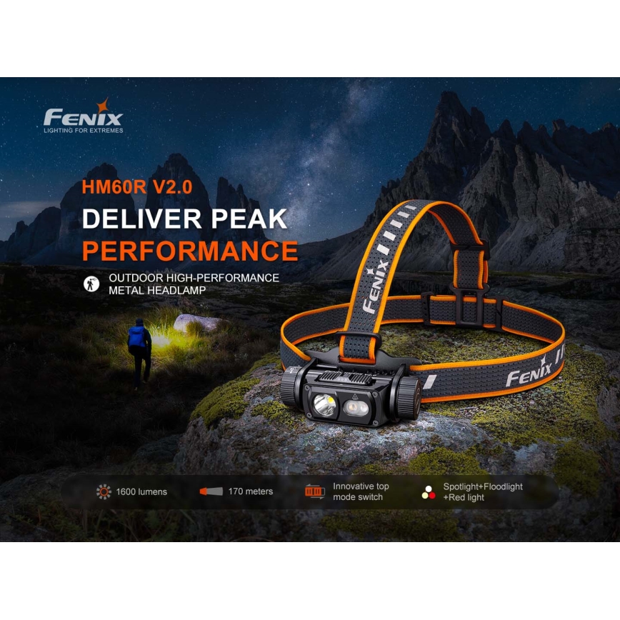 Fenix HM60RV20 - LED reguliuojamo ryškumo įkraunamas galvos žibintas LED/USB 4000 mAh IP68 1600 lm 292 val. oranžinis