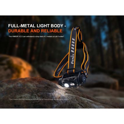 Fenix HM60RV20 - LED reguliuojamo ryškumo įkraunamas galvos žibintas LED/USB 4000 mAh IP68 1600 lm 292 val. oranžinis