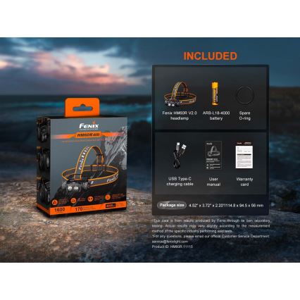 Fenix HM60RV20 - LED reguliuojamo ryškumo įkraunamas galvos žibintas LED/USB 4000 mAh IP68 1600 lm 292 val. oranžinis