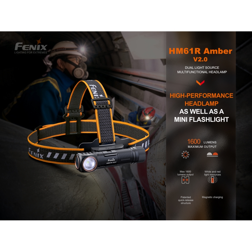 Fenix HM61RV20 - LED pakraunamas žibintuvėlis ant galvos LED/USB/2xCR123A IP68 1600 lm 300 h 3400 mAh