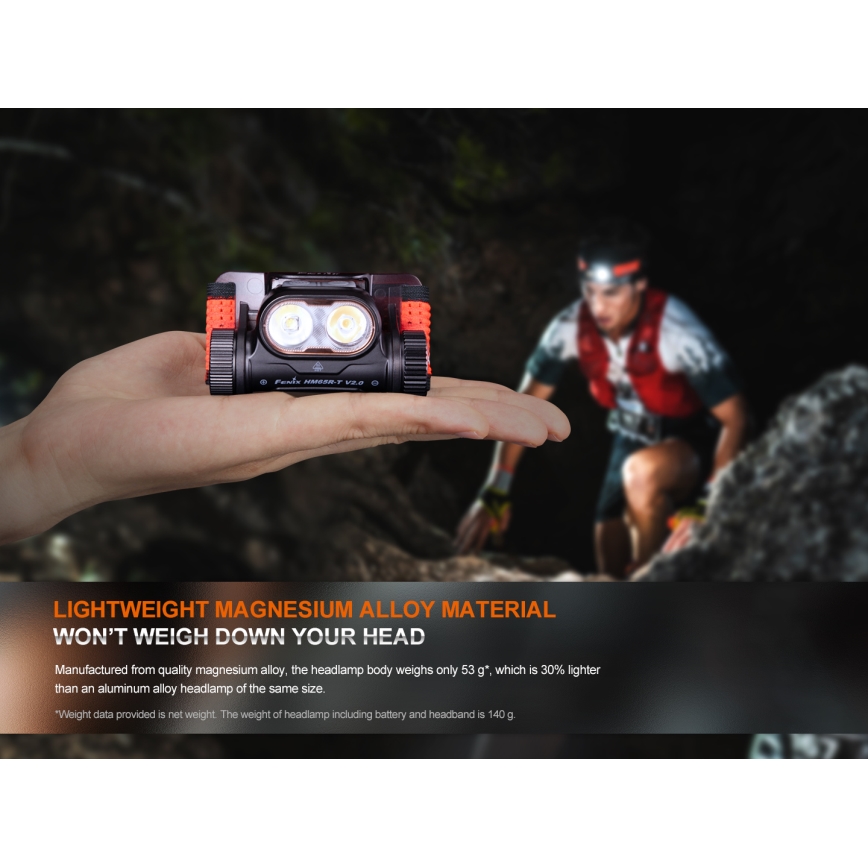 Fenix HM65RTV20BLC- LED Pritemdomas įkraunamas galvos žibintas LED/USB/2xCR123A IP68 3400 mAh juoda/oranžinė