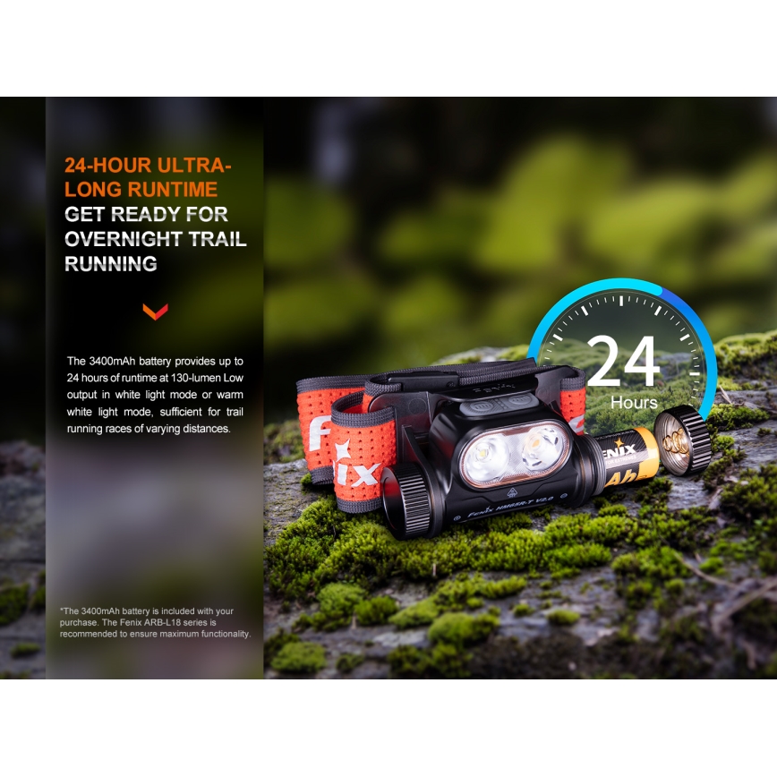 Fenix HM65RTV20BLC- LED Pritemdomas įkraunamas galvos žibintas LED/USB/2xCR123A IP68 3400 mAh juoda/oranžinė
