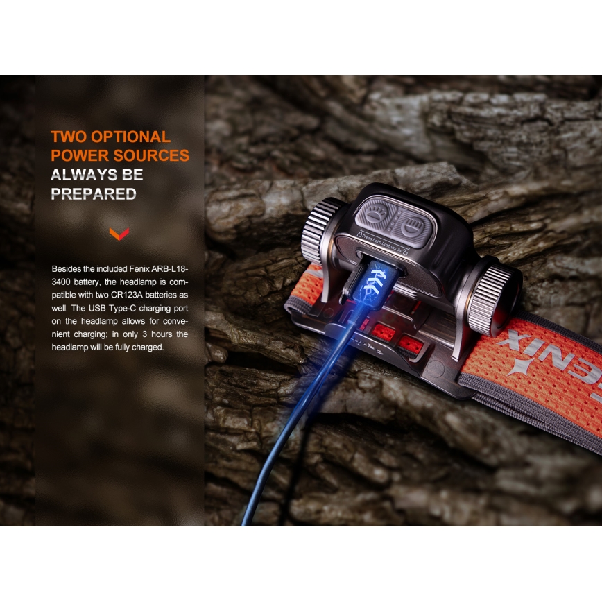 Fenix HM65RTV20BLC- LED Pritemdomas įkraunamas galvos žibintas LED/USB/2xCR123A IP68 3400 mAh juoda/oranžinė